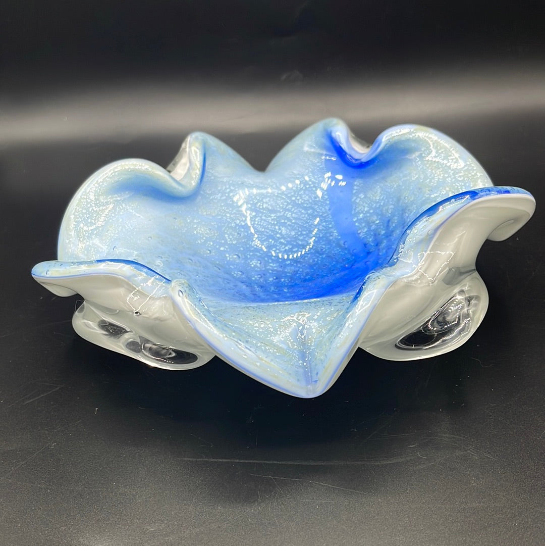 Murano Style Art Glass Ruffle Dish - Blue