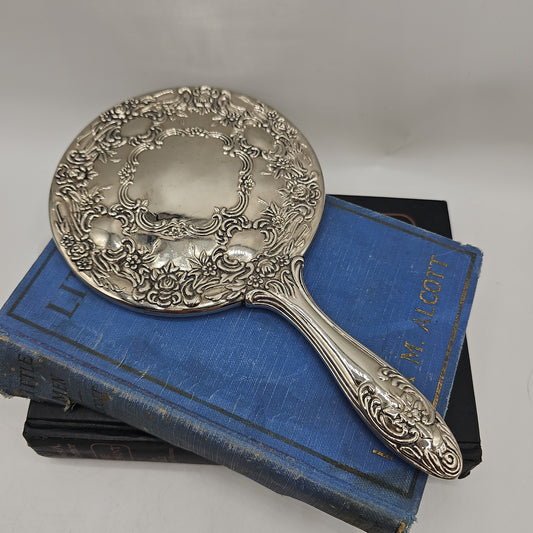 Vintage Decorative Silver Tone Hand Mirror