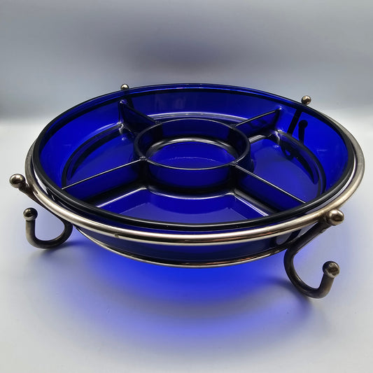 Vintage French Cobalt Blue Glass Divided Relish Dish with Silver Plated Metal Stand