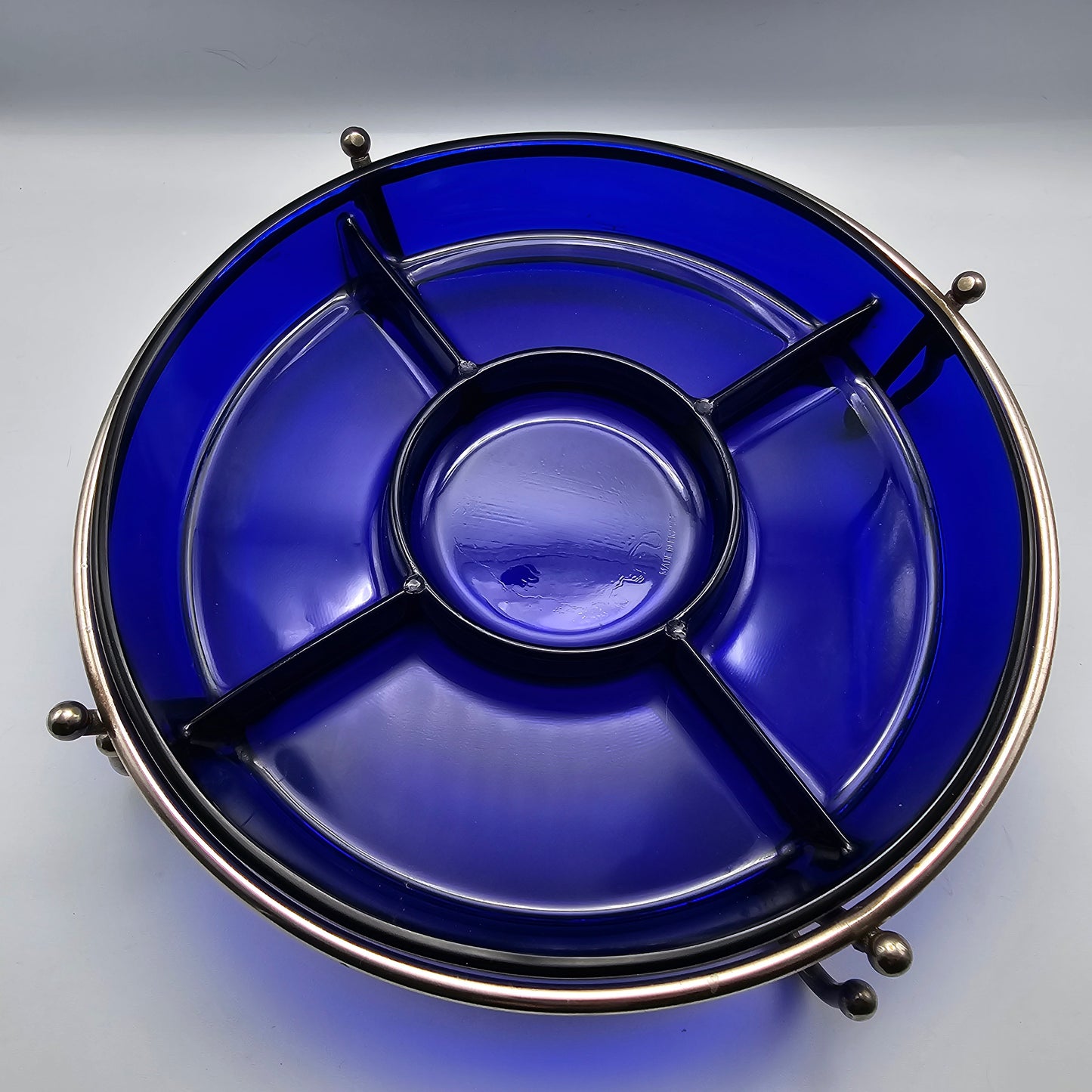 Vintage French Cobalt Blue Glass Divided Relish Dish with Silver Plated Metal Stand