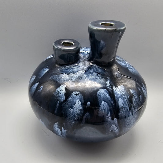 Blue Drip Glaze Double Spout Art Pottery Oil Lamp / Bud Vase Signed Latterman