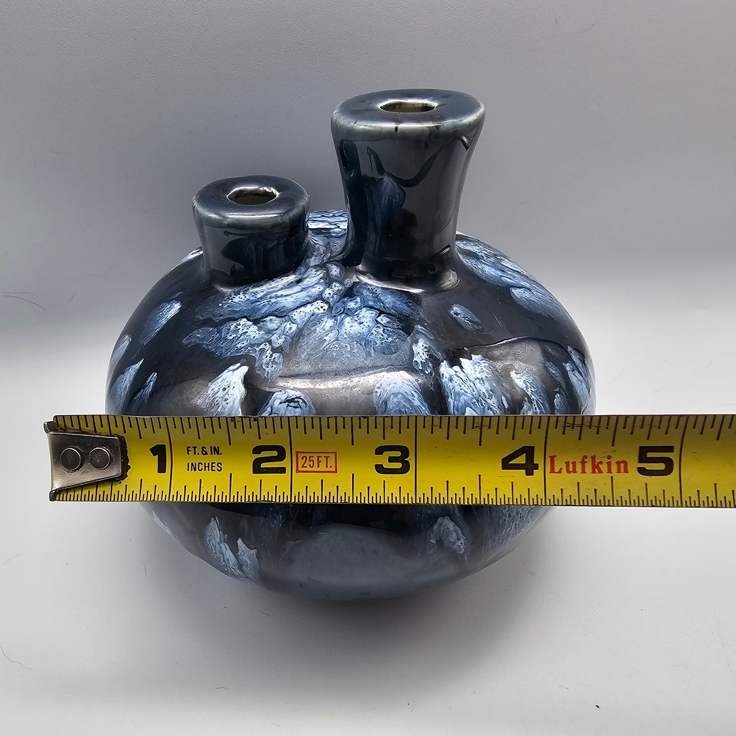 Blue Drip Glaze Double Spout Art Pottery Oil Lamp / Bud Vase Signed Latterman