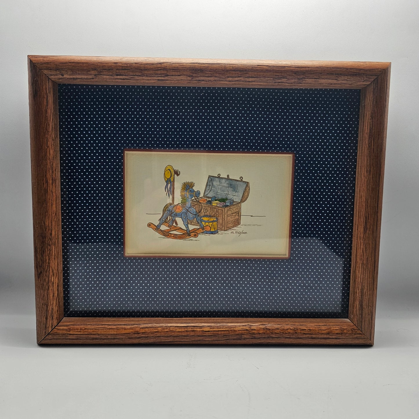 Vintage M. Mayson Framed Hand Painted Rocking Horse and Toy Chest Artwork