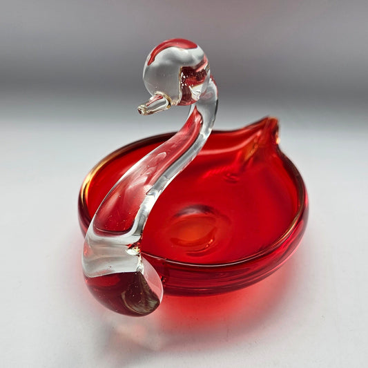 Vintage UV Reactive Amberina Red Glass Swan Dish