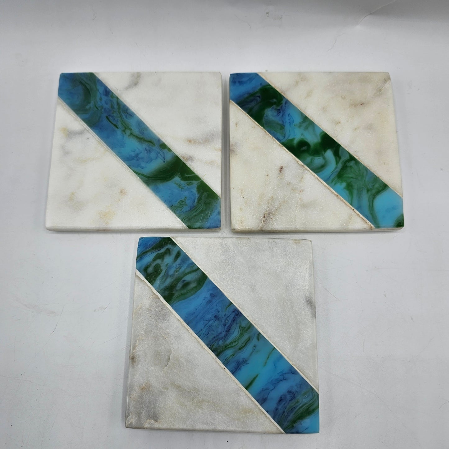 Marble Coasters with Blue and Green Glass Inlay - Set of 3