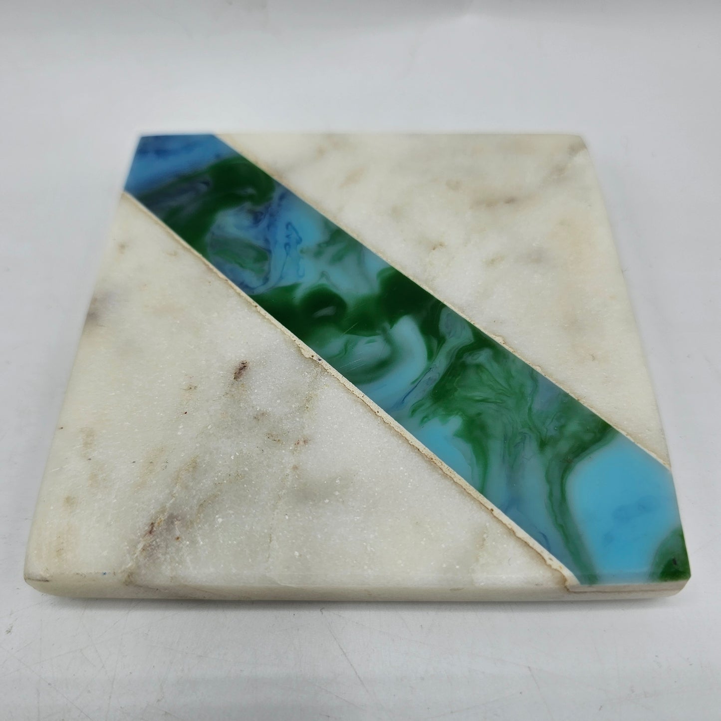 Marble Coasters with Blue and Green Glass Inlay - Set of 3