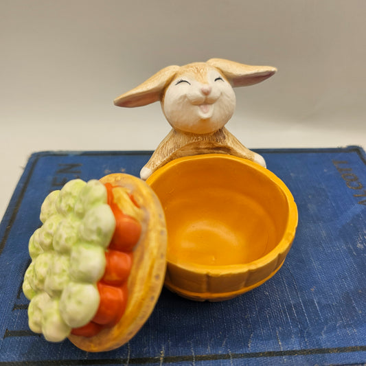 Happy Ears Bunny with Carrot Basket Ceramic Trinket Box