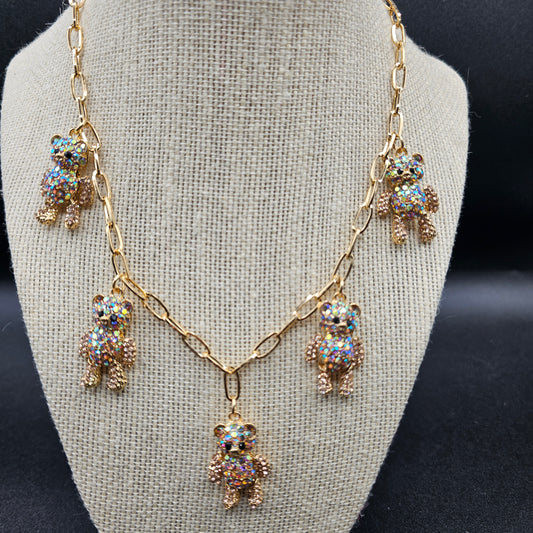 Aurora Borealis Crystal Articulated Bear Gold Tone Necklace