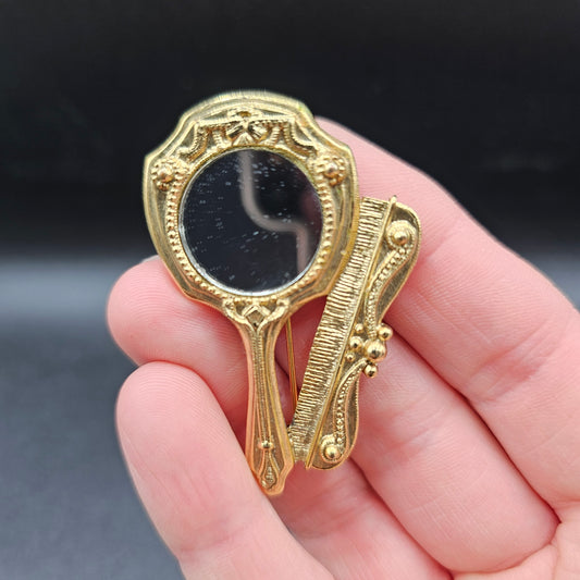 Vintage Hand Mirror and Comb Gold Tone Brooch
