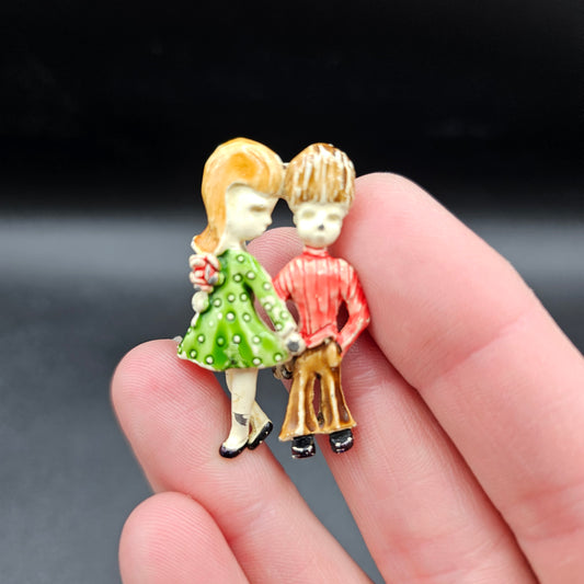 Vintage Enameled Girl and Boy Pin On Brooch