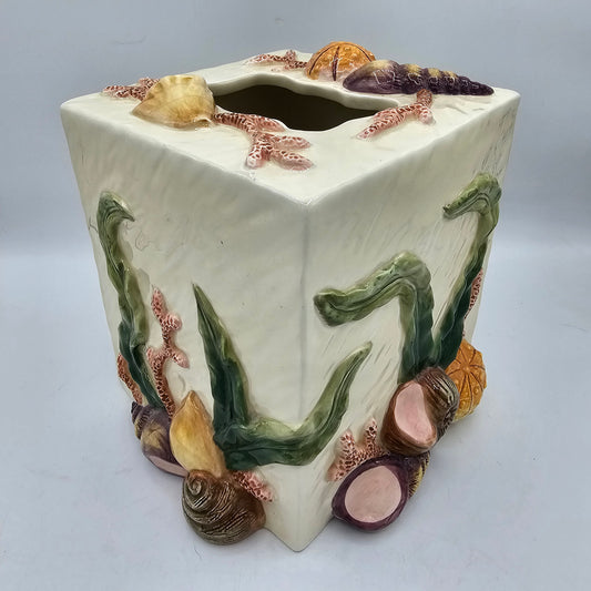Fitz & Floyd Majolica Style Beach Themed Ceramic Tissue Box Cover Nautical with Sea Shells