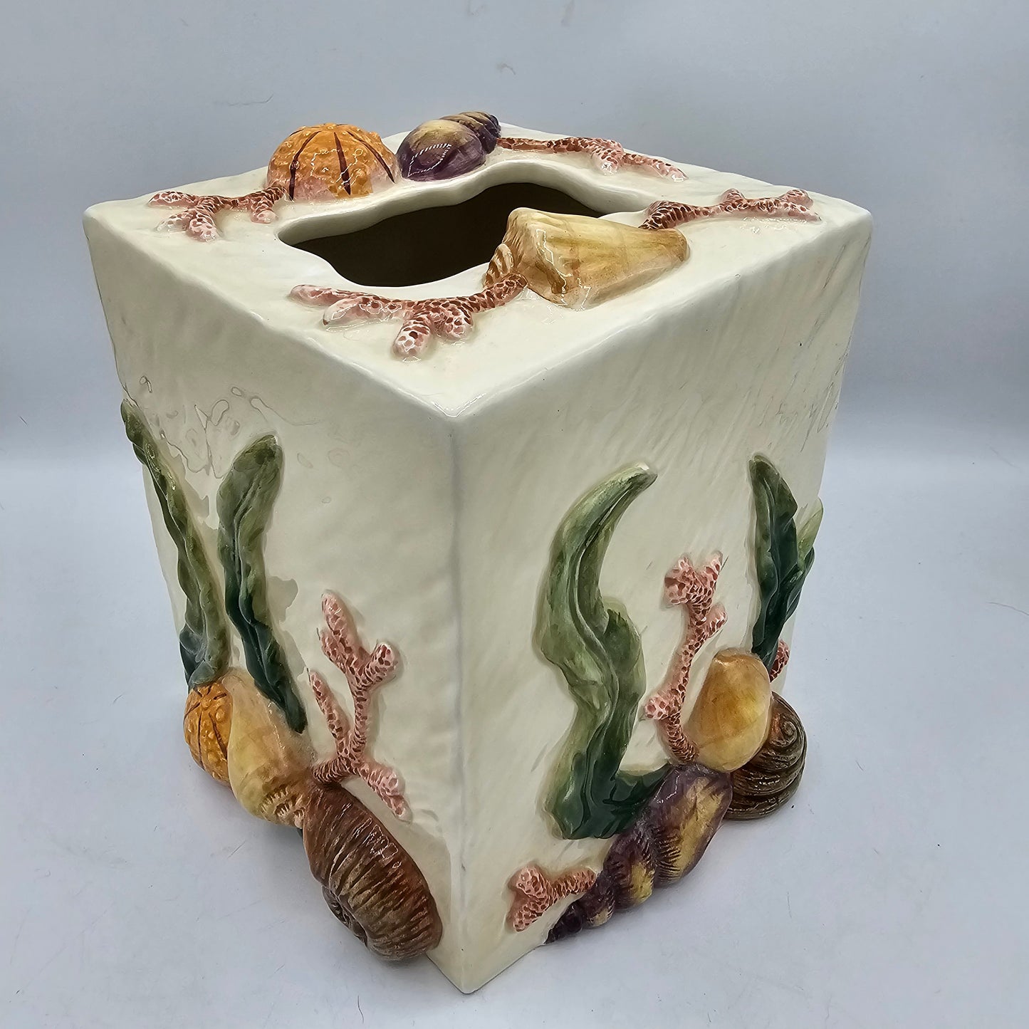 Fitz & Floyd Majolica Style Beach Themed Ceramic Tissue Box Cover Nautical with Sea Shells