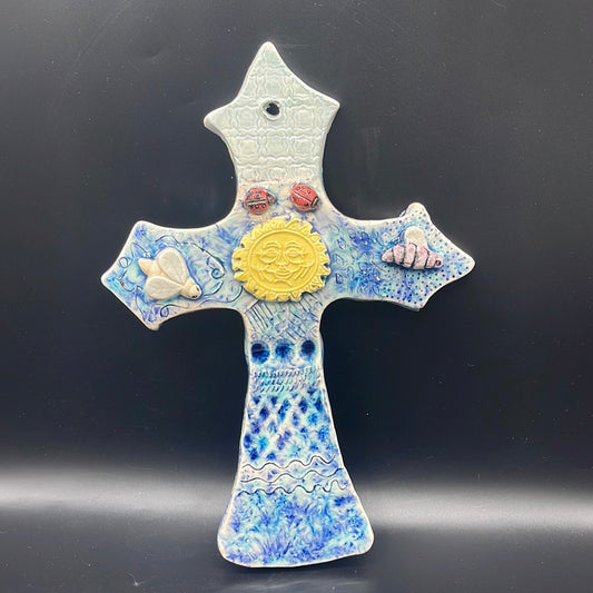 Art Pottery Wall Cross with Sun and Bugs