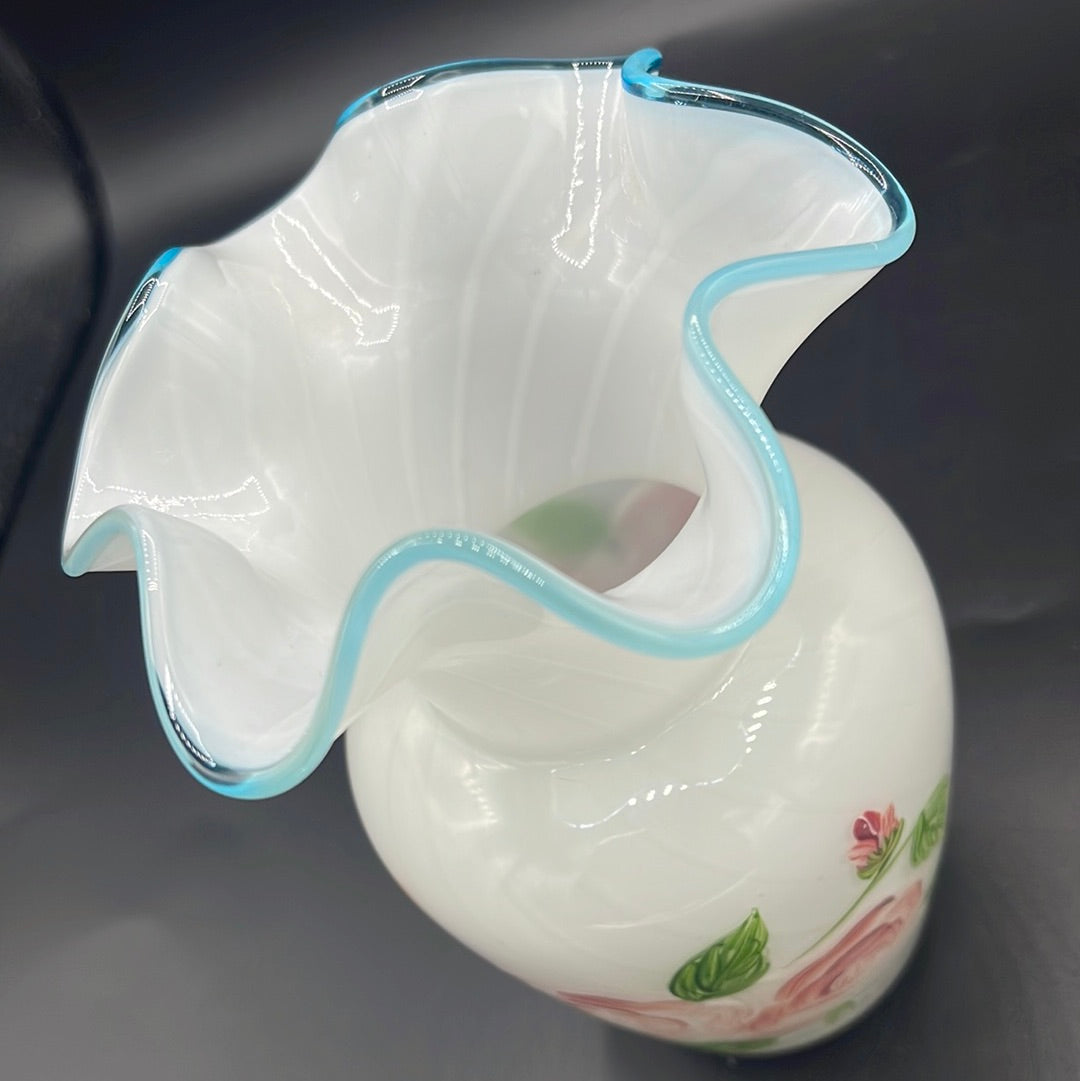 Fenton White Ruffle Vase with Hand-painted Flower