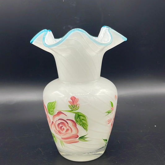 Fenton White Ruffle Vase with Hand-painted Flower