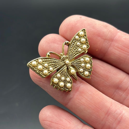 Gold Tone with Faux Pearls Vintage Butterfly Pin