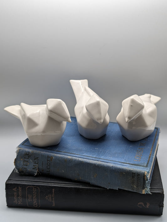 Set of 3 White Ceramic Faceted Birds