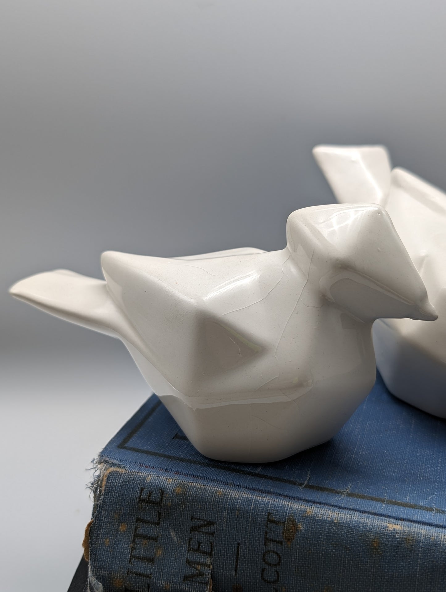 Set of 3 White Ceramic Faceted Birds