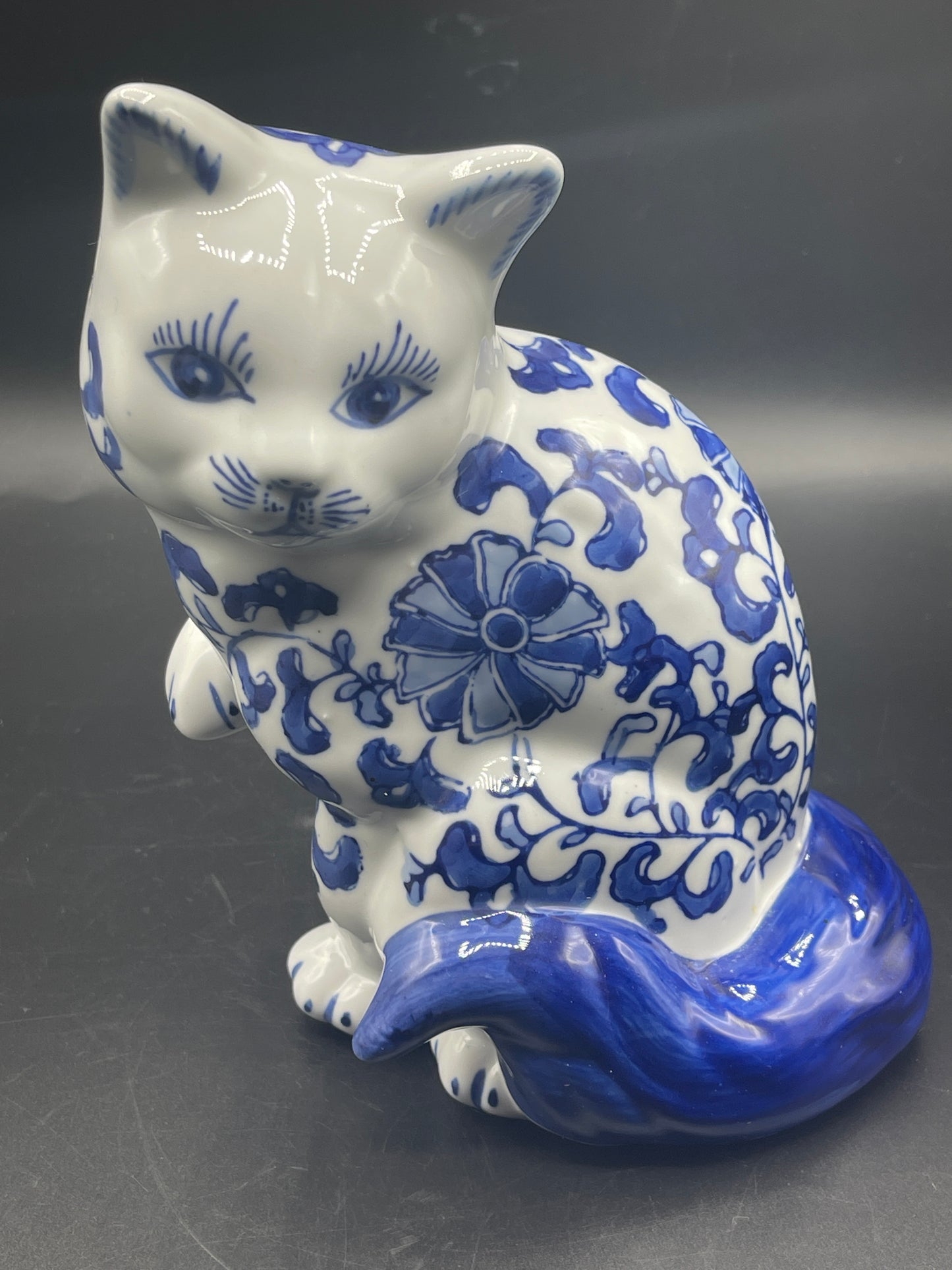 Blue and White Calico Cat Figurine