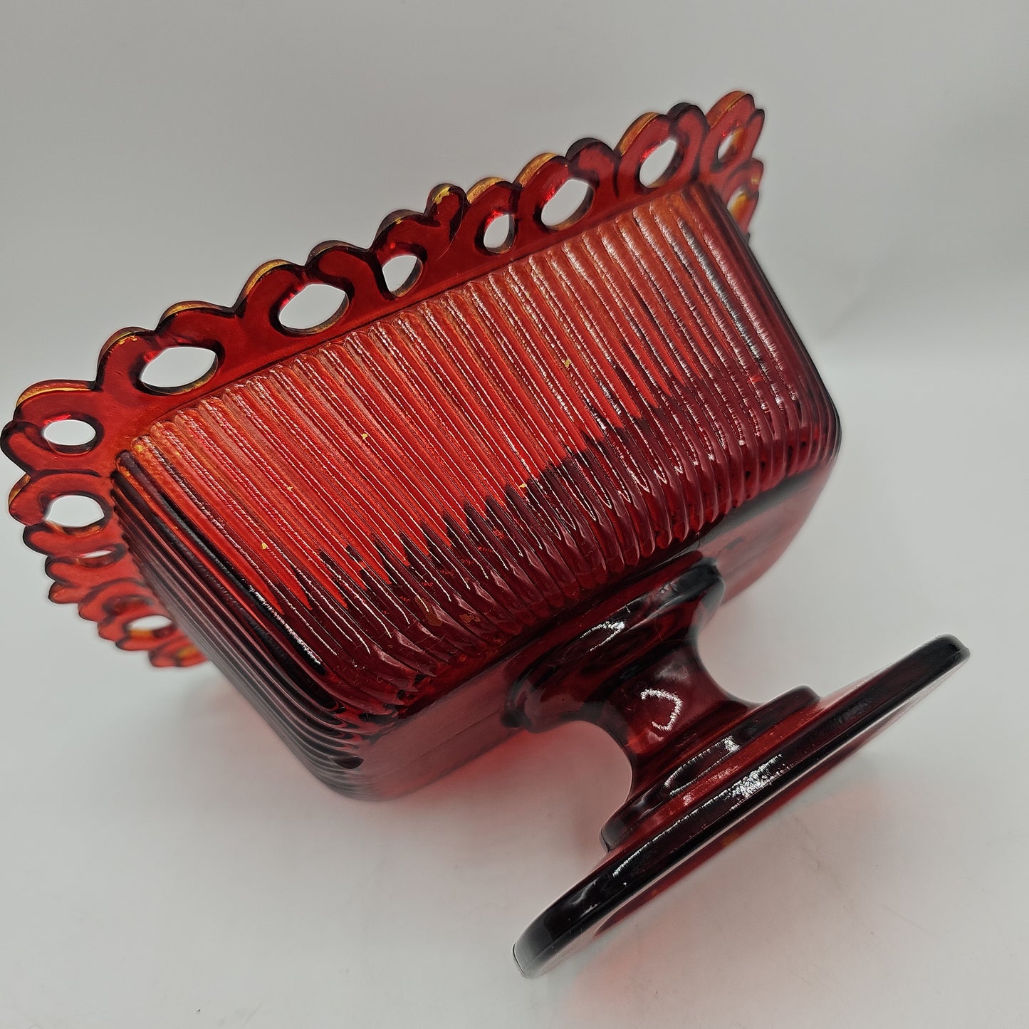 Vintage Red Flash Ribbed Lace Top Pedestal Dish