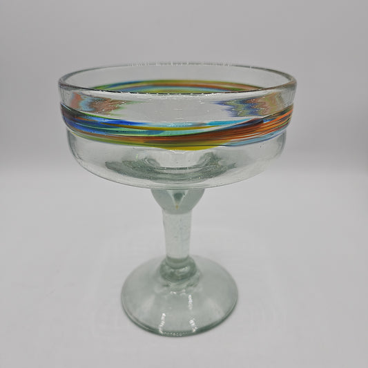 Art Glass Margarita Glass with Applied Rainbow Swirl