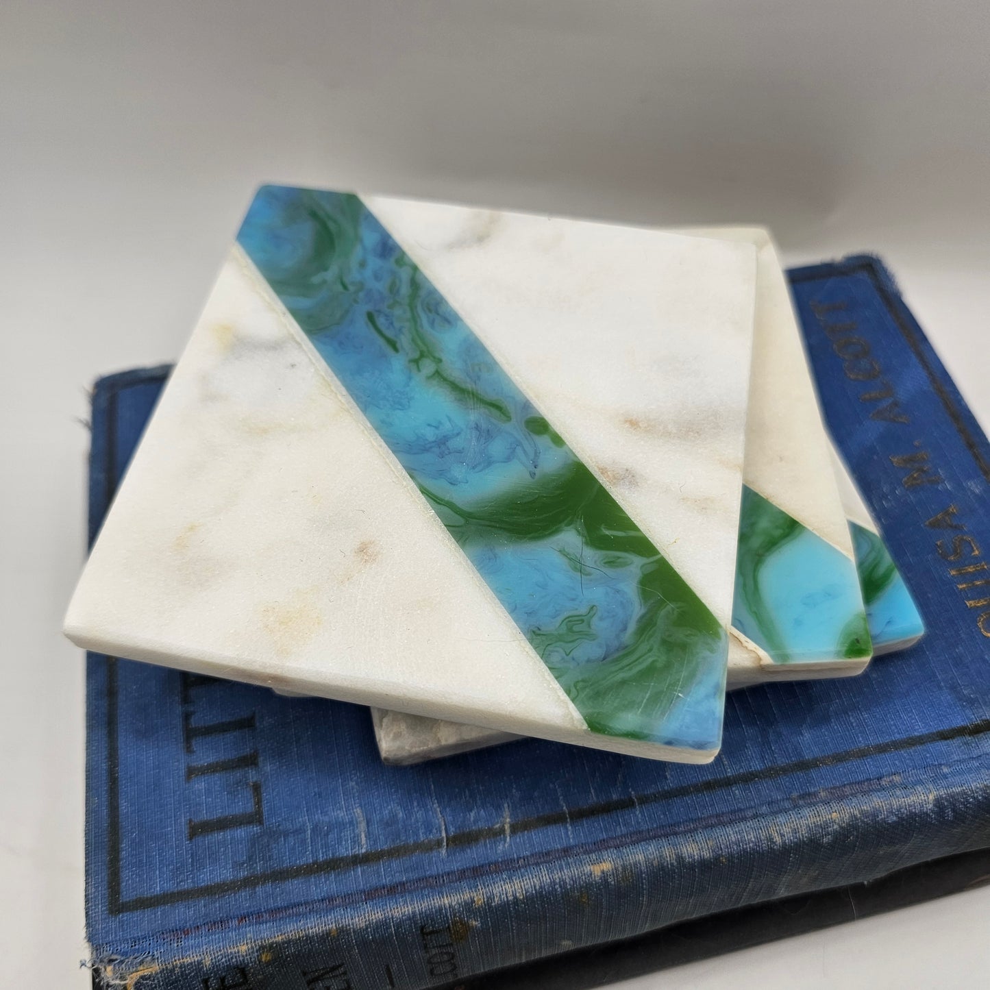 Marble Coasters with Blue and Green Glass Inlay - Set of 3