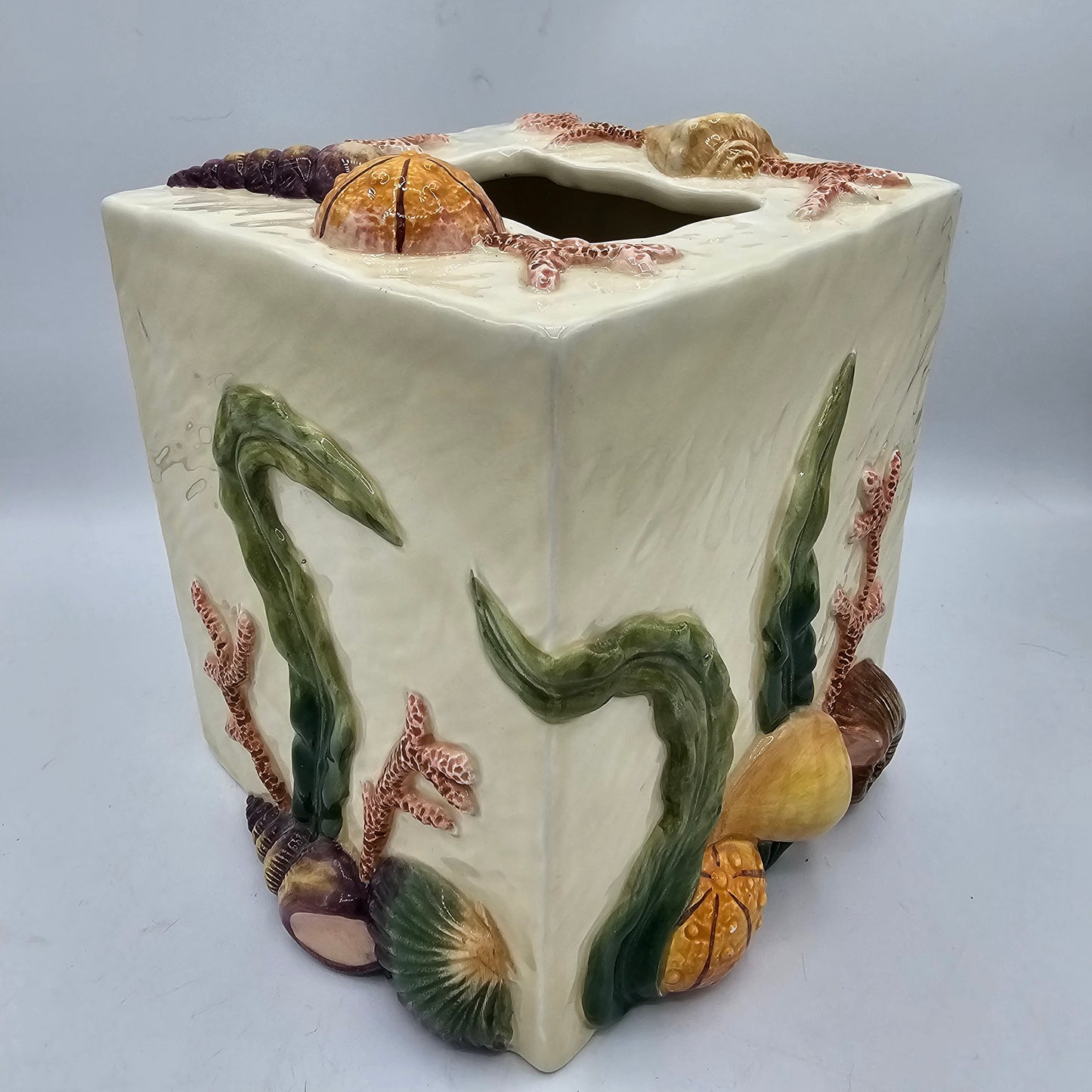 Fitz & Floyd Majolica Style Beach Themed Ceramic Tissue Box Cover Nautical with Sea Shells