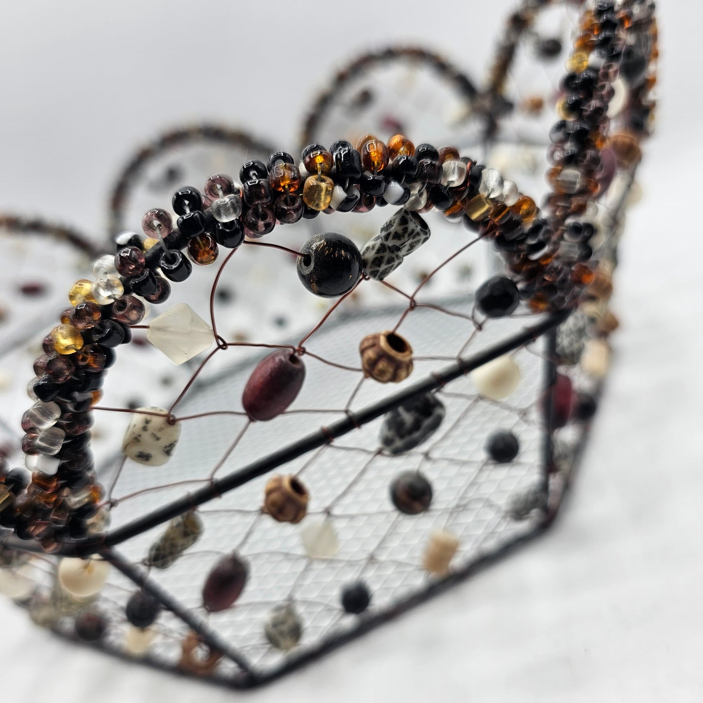 Decorative Wire Basket with Glass and Ceramic Beads Woven In