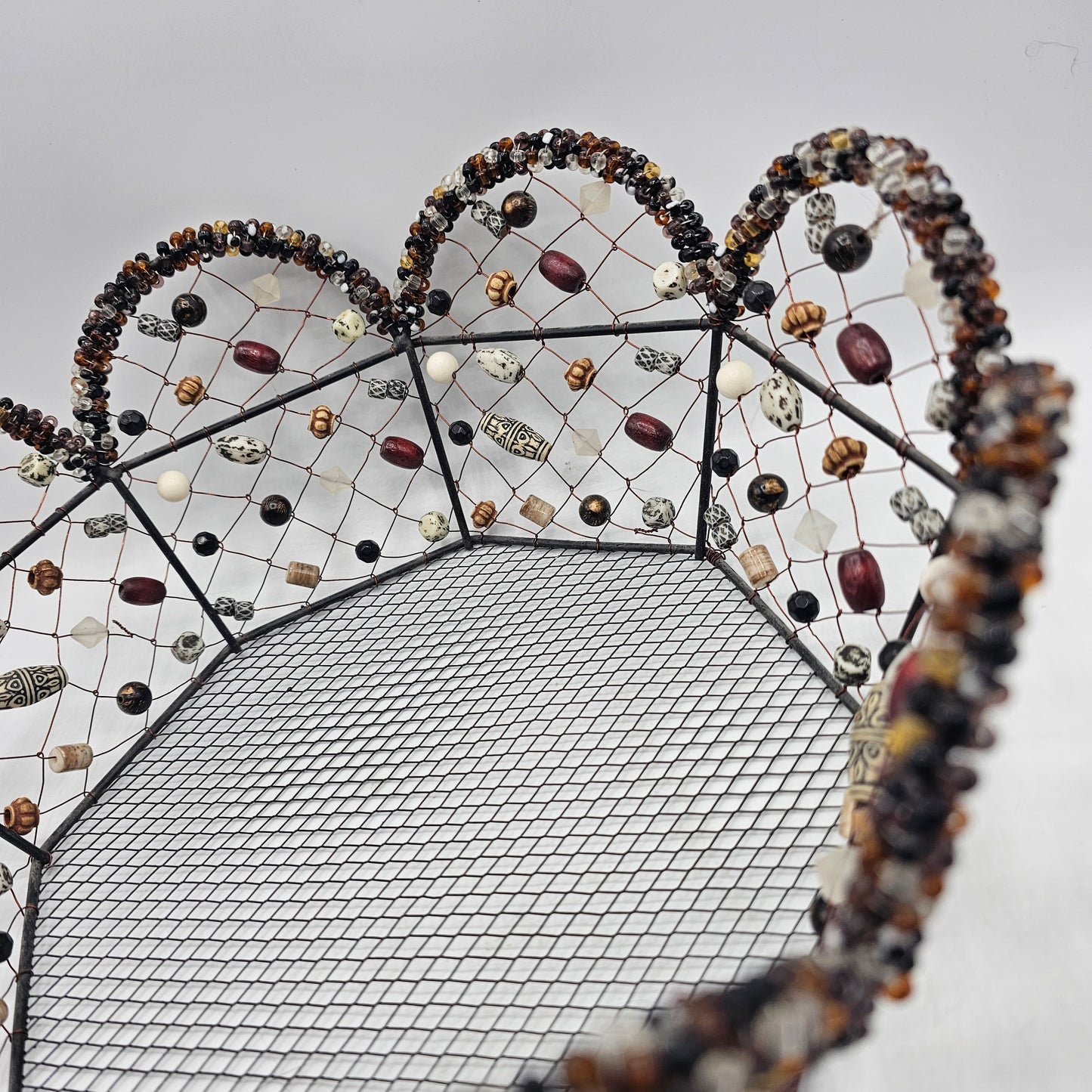 Decorative Wire Basket with Glass and Ceramic Beads Woven In