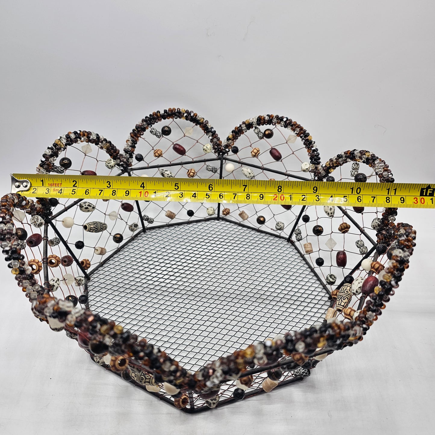 Decorative Wire Basket with Glass and Ceramic Beads Woven In