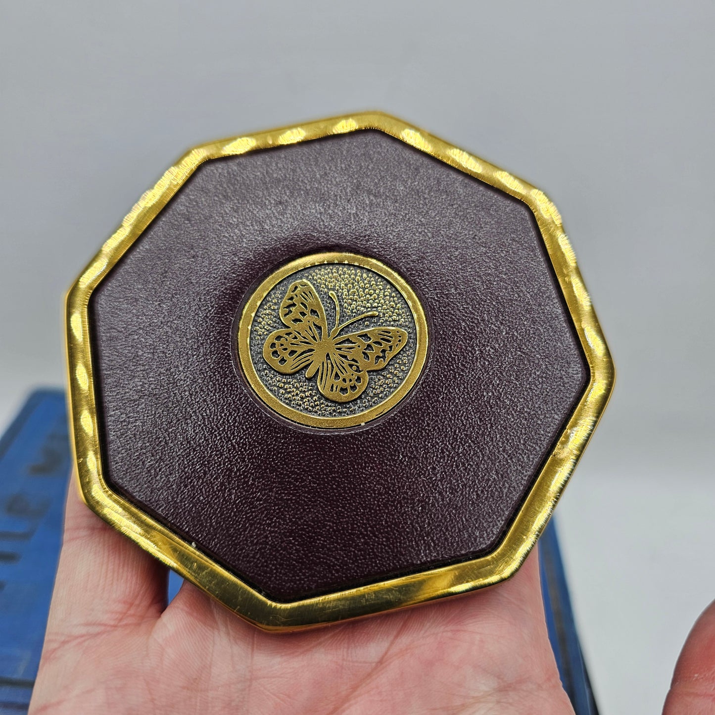 Brass and Burgundy Leather Butterfly Coasters - Set of 6