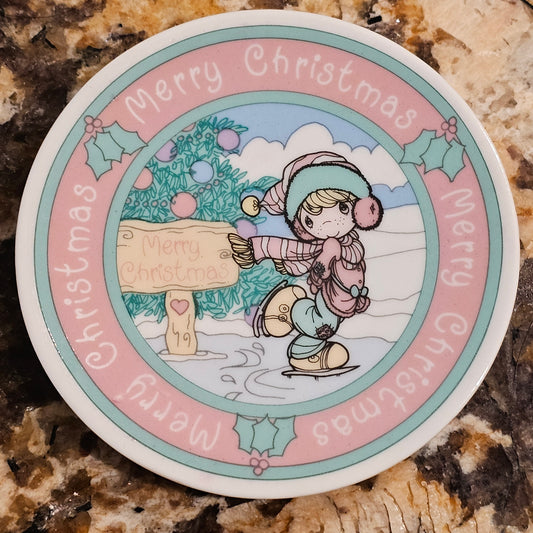 Vintage Precious Moments Merry Christmas Ice Skating Mini Plate 1992 - 4" Diameter