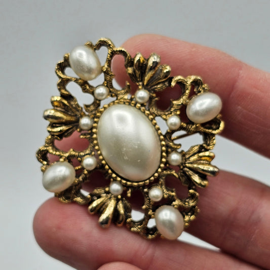 Gold Tone and Faux Pearl Fashion Brooch