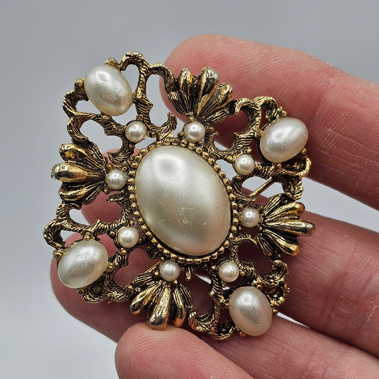 Gold Tone and Faux Pearl Fashion Brooch