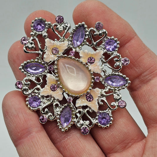 Pink and Purple Enamel and Crystal Silver Tone Fashion Brooch