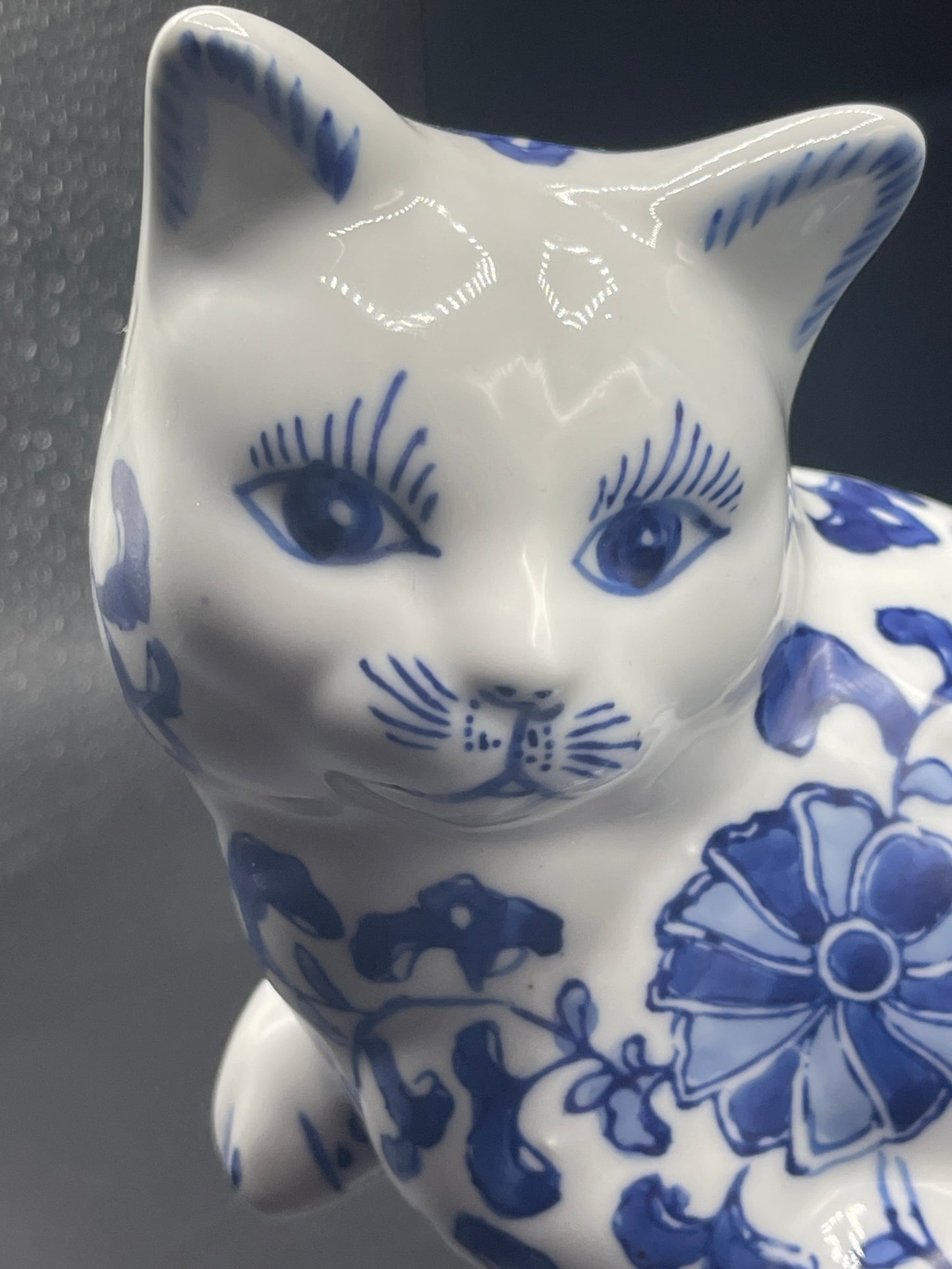 Blue and White Calico Cat Figurine