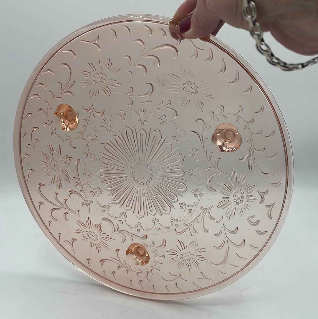 Pink Depression Glass Tri Footed Cake Platter