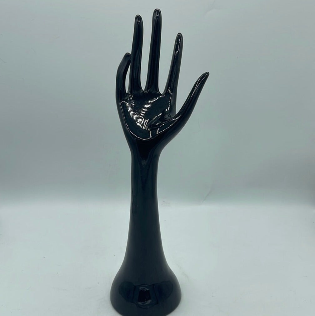 Midcentury Glossy Black Ceramic Hand Jewelry Display