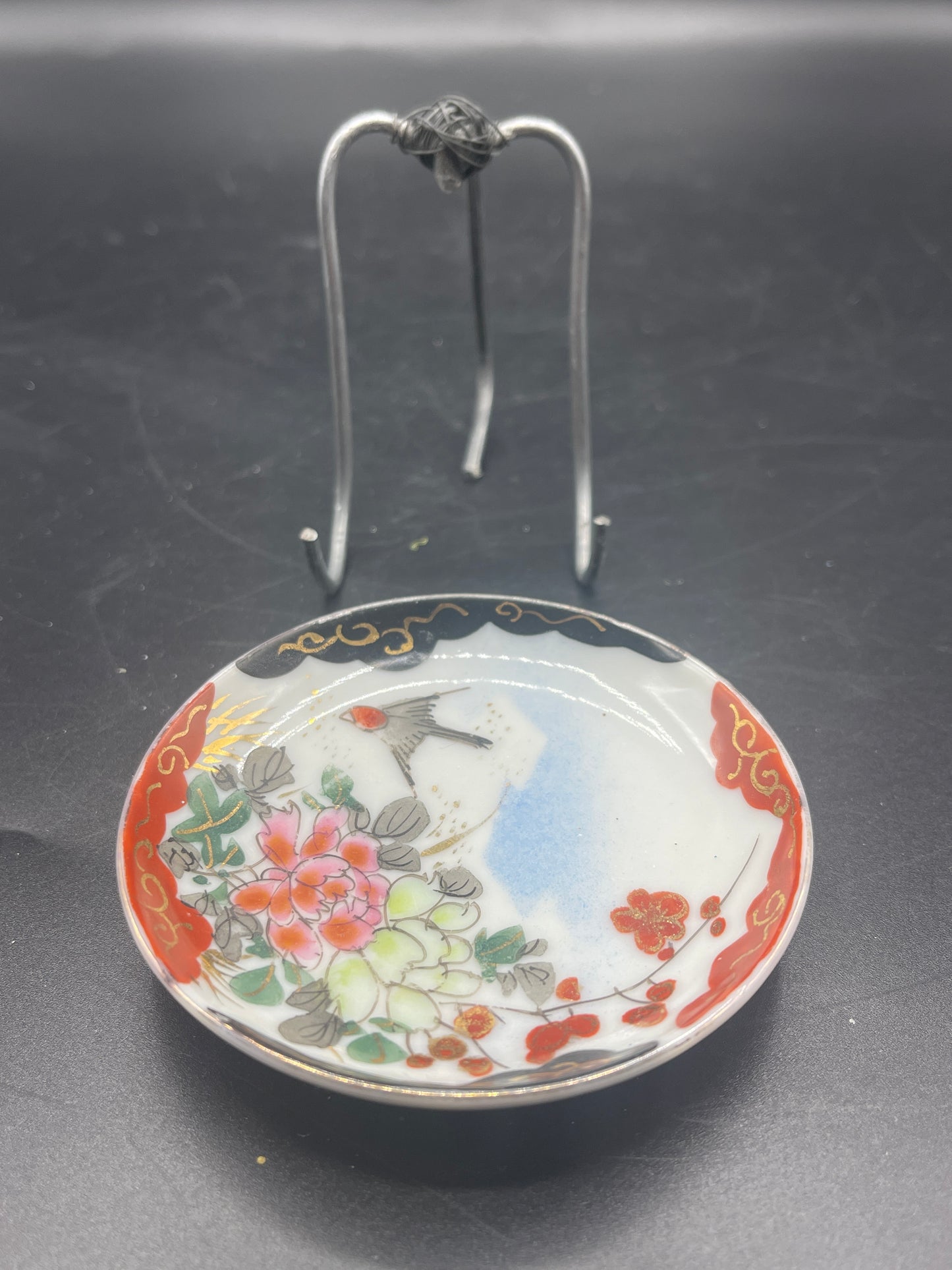 Vintage Hand Painted Asian Plate with Holder - 3"