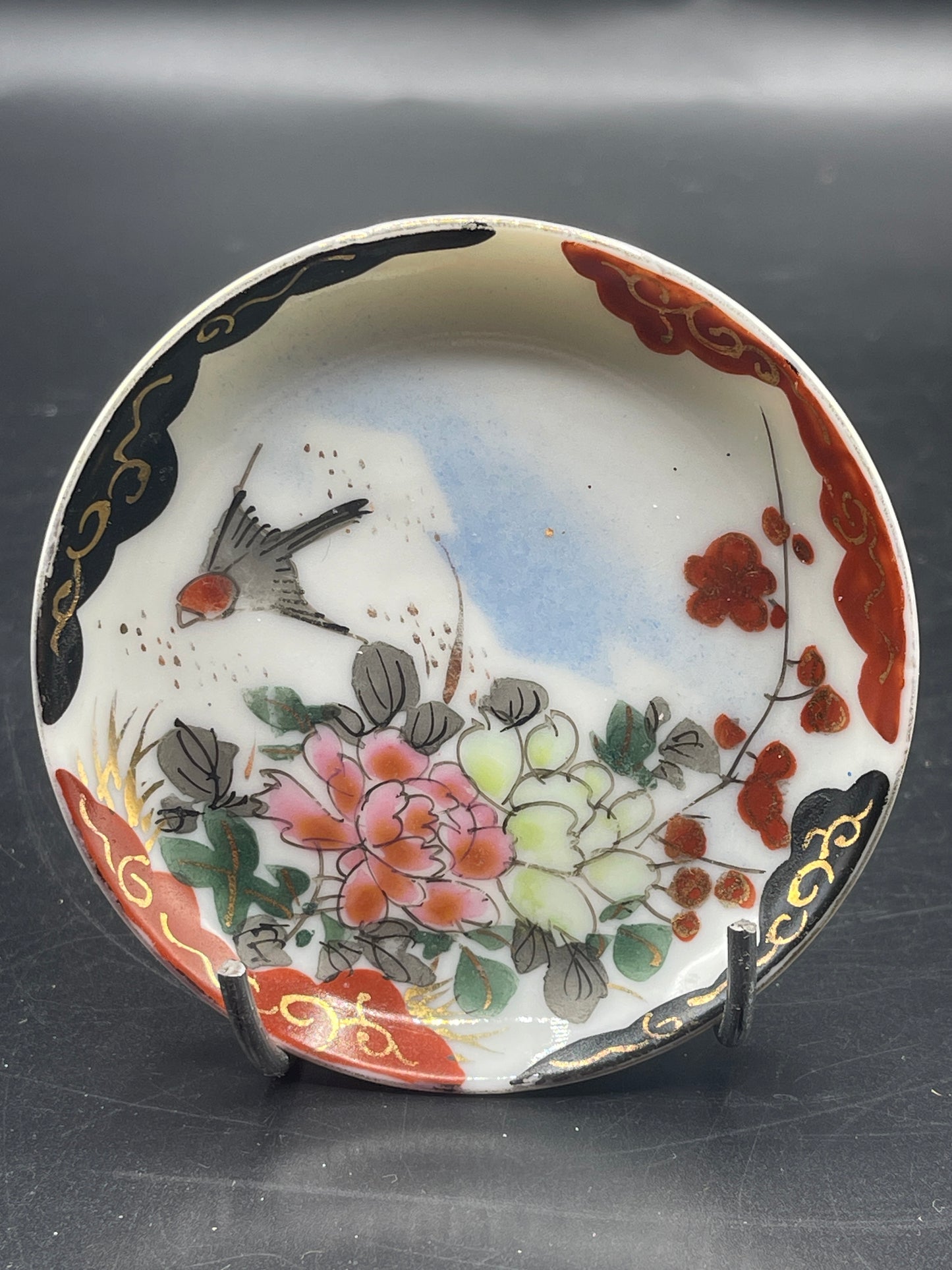 Vintage Hand Painted Asian Plate with Holder - 3"