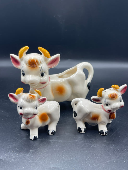 Vintage Ceramic Cow Creamer and Salt and Pepper Shaker Set