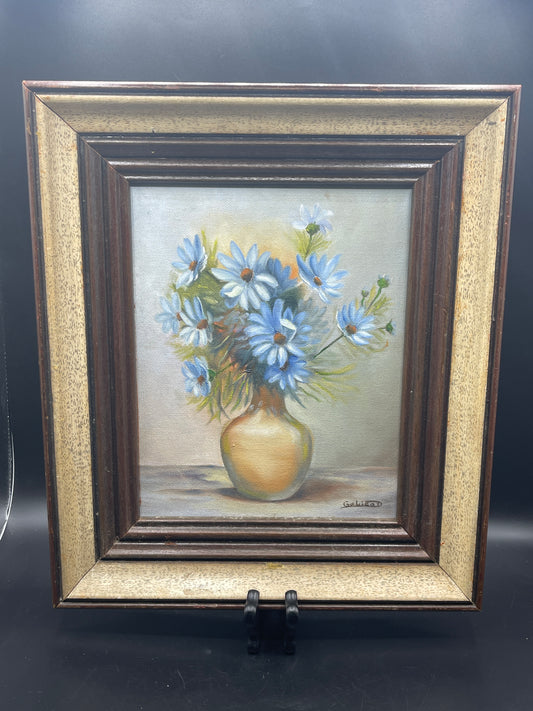 Blue Daisies Framed Oil on Canvas Painting