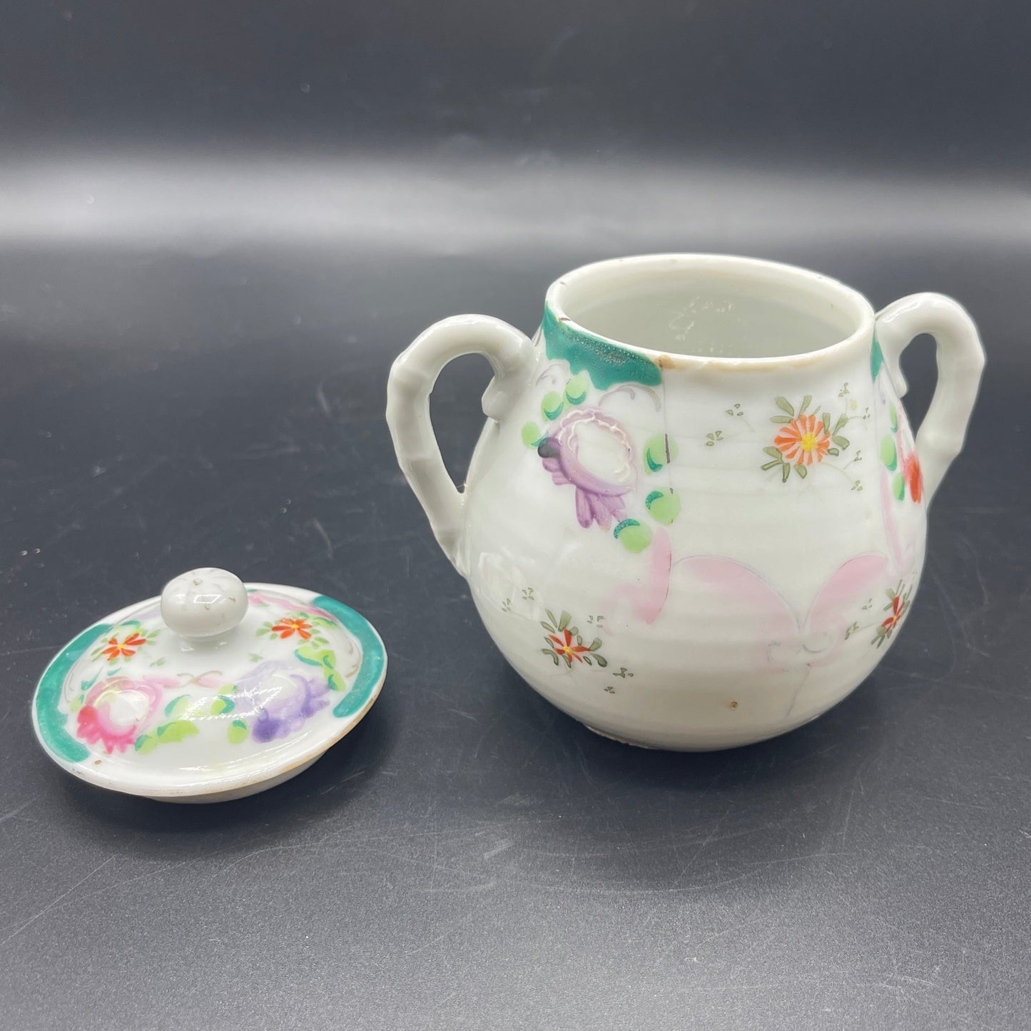 Asian Hand Painted Porcelain Lidded Sugar Bowl