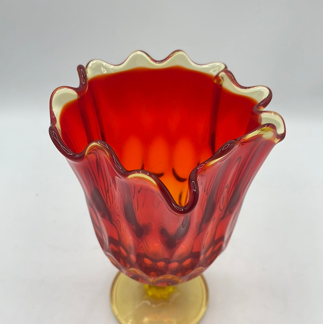 Vintage Amberina Ombre Red and Orange Ruffle Vase