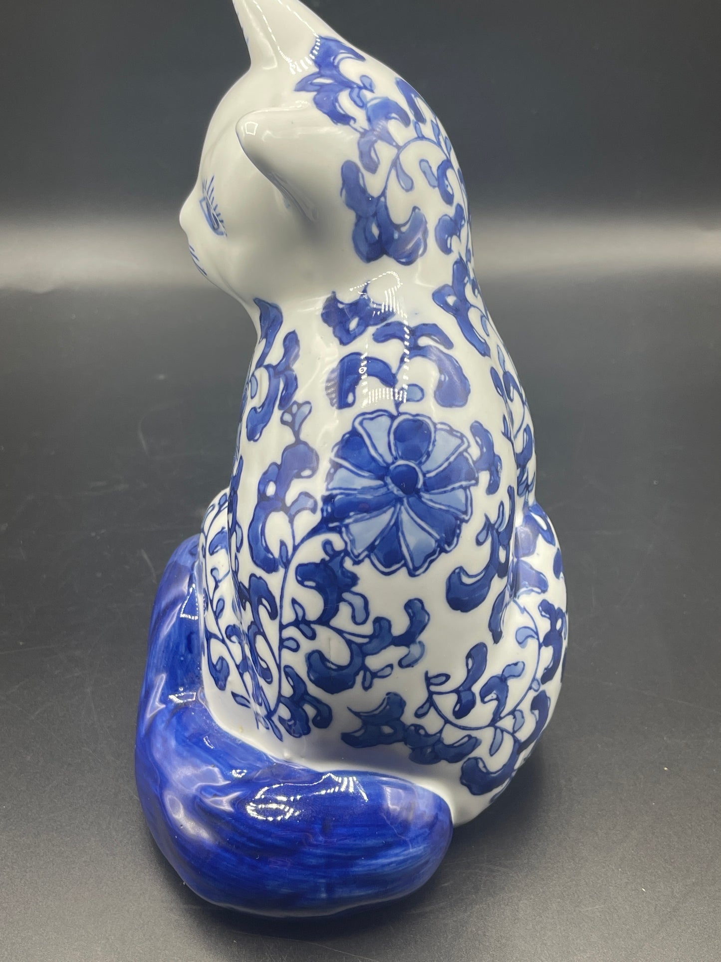 Blue and White Calico Cat Figurine