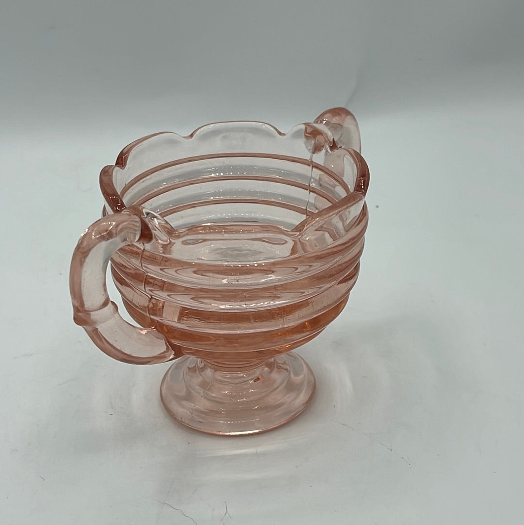 Pink Depression Glass Open Sugar Bowl - Ribbed with Handles