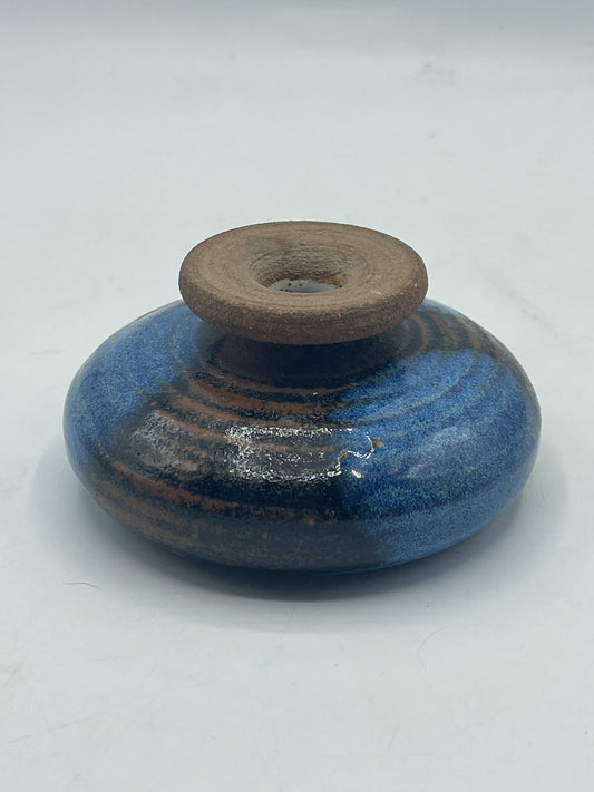 Small Mexican Pottery Glazed Vase Blue with Brown