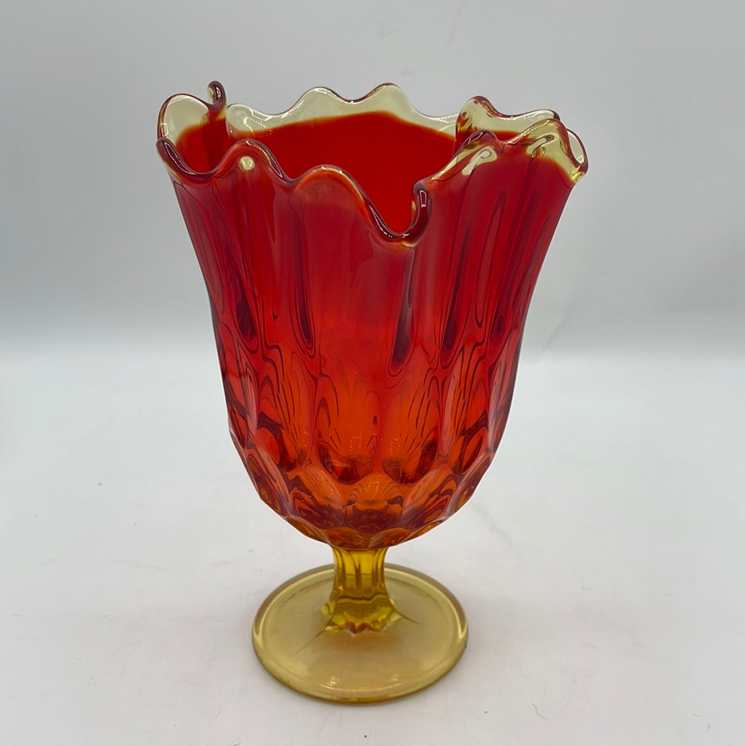 Vintage Amberina Ombre Red and Orange Ruffle Vase