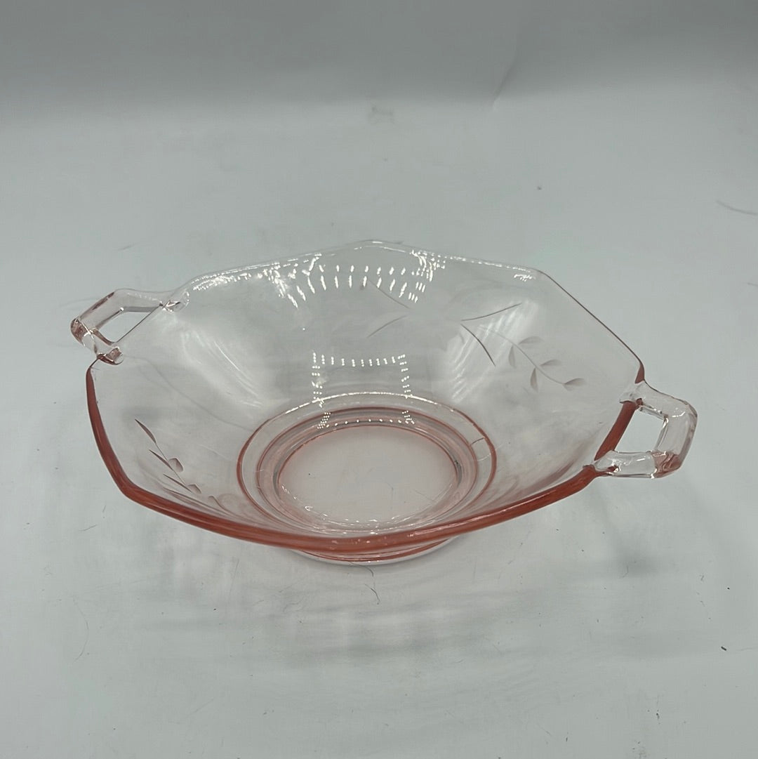 Pink Depression Glass Bowl with Etched Flowers