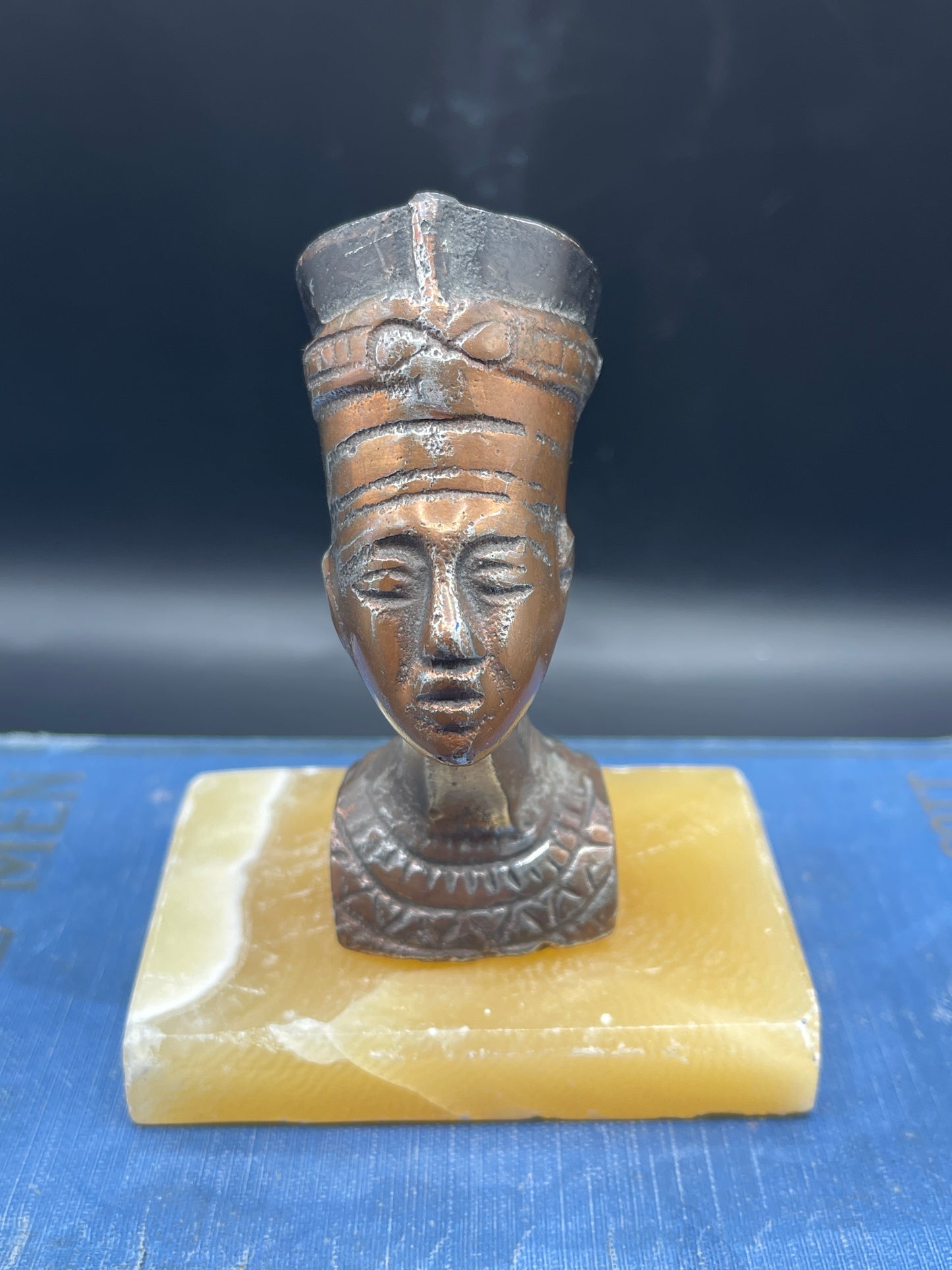 Bronze Look Egyptian Nefertiti Bust on Stone Base